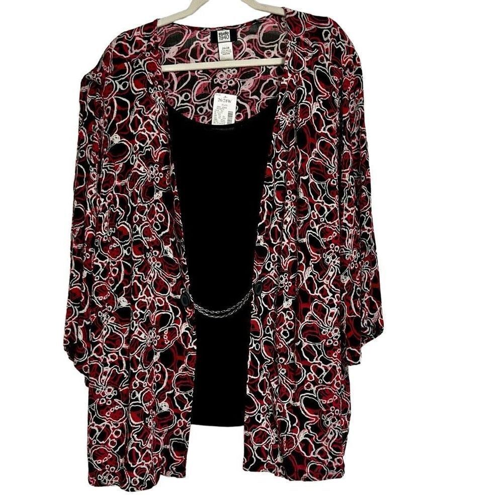 Studio 1940 Blouse Women's Size 26/28W Black & Red Open Front Attached Tank Top